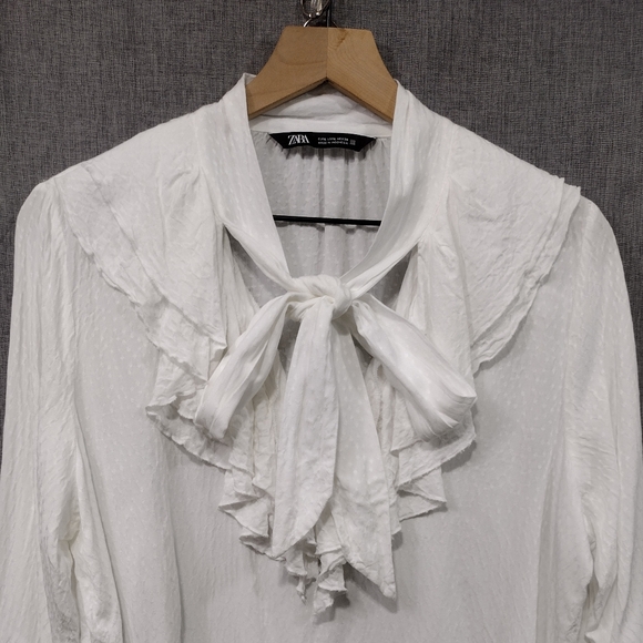 Zara Neck Tie Ruffle Blouse Women's L White Preppy Academia Victorian Retro 90s - Picture 2 of 7